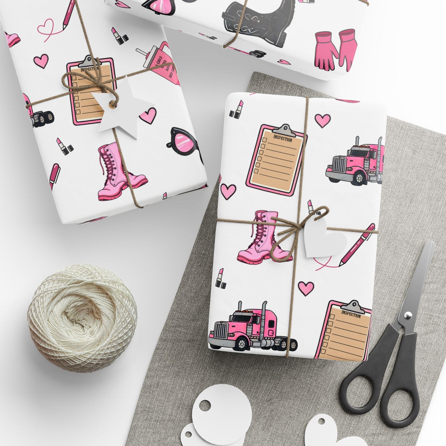White Trucker Charm Gift Wrapping Paper , Feminine Trucker Theme to celebrate the driver you know
