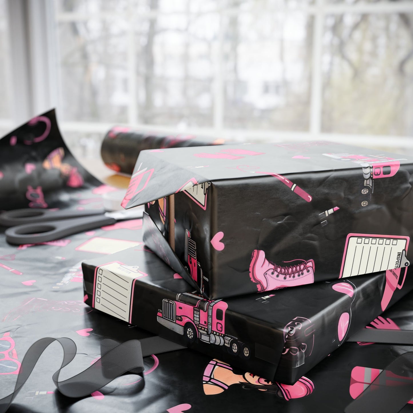 Black Trucker Charm Gift Wrapping Paper, Feminine Trucker Theme to celebrate the driver you know