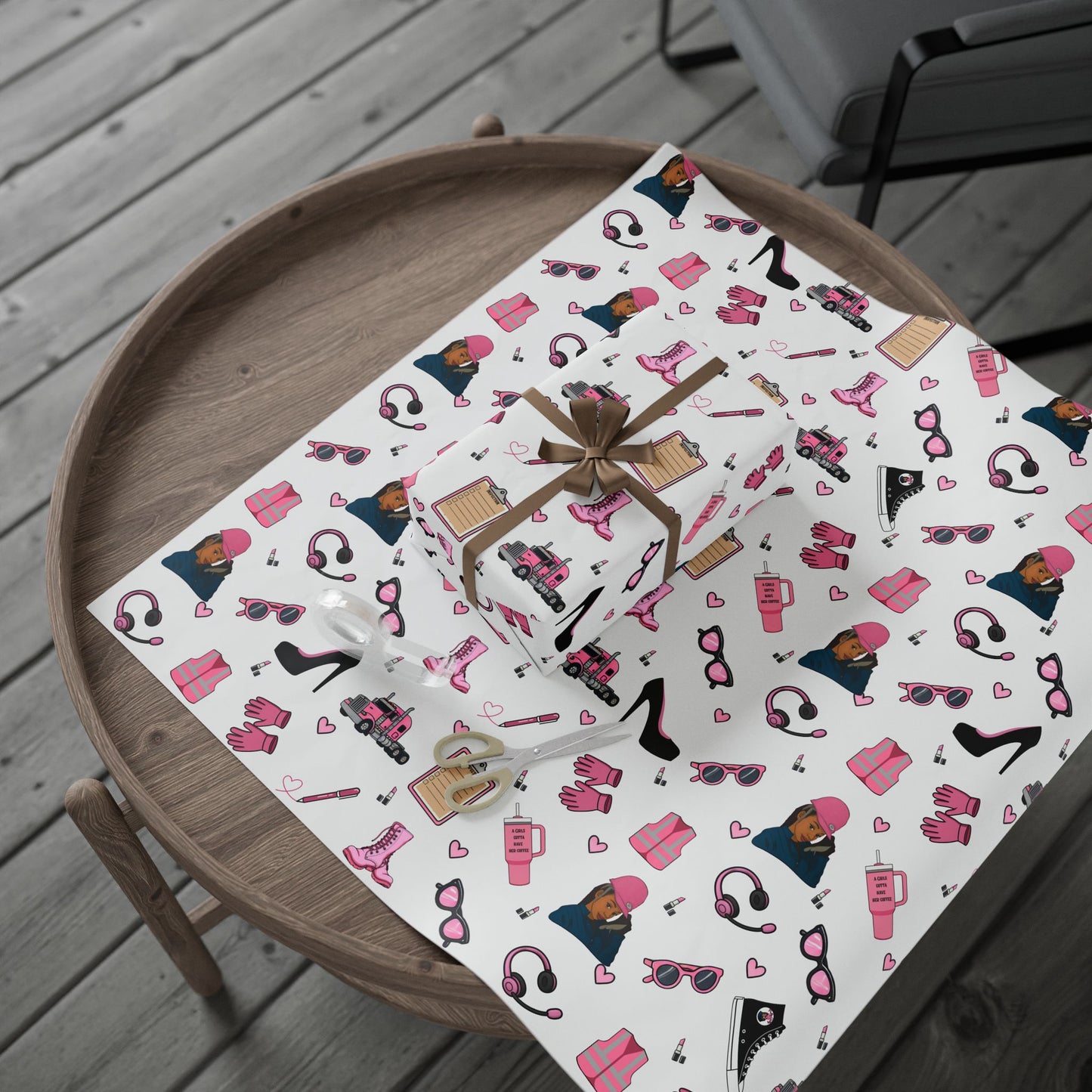 White Trucker Charm Gift Wrapping Paper , Feminine Trucker Theme to celebrate the driver you know
