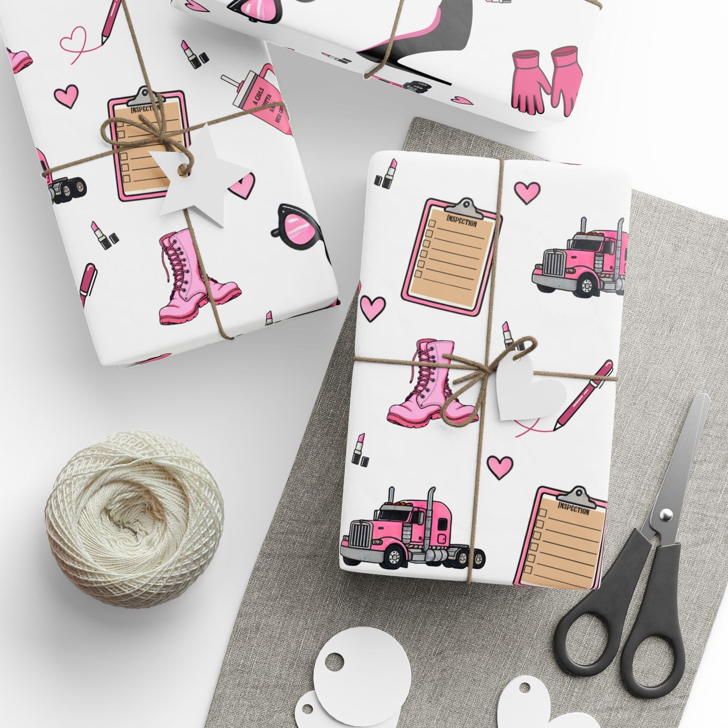 White Trucker Charm Gift Wrapping Paper , Feminine Trucker Theme to celebrate the driver you know