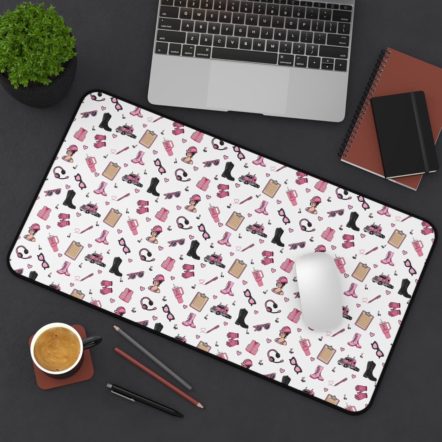 White Trucker Charm Mouse Pad, Feminine Trucker Theme Trucker Girl Office Accessories, Mouse Pad for female Truck Driver