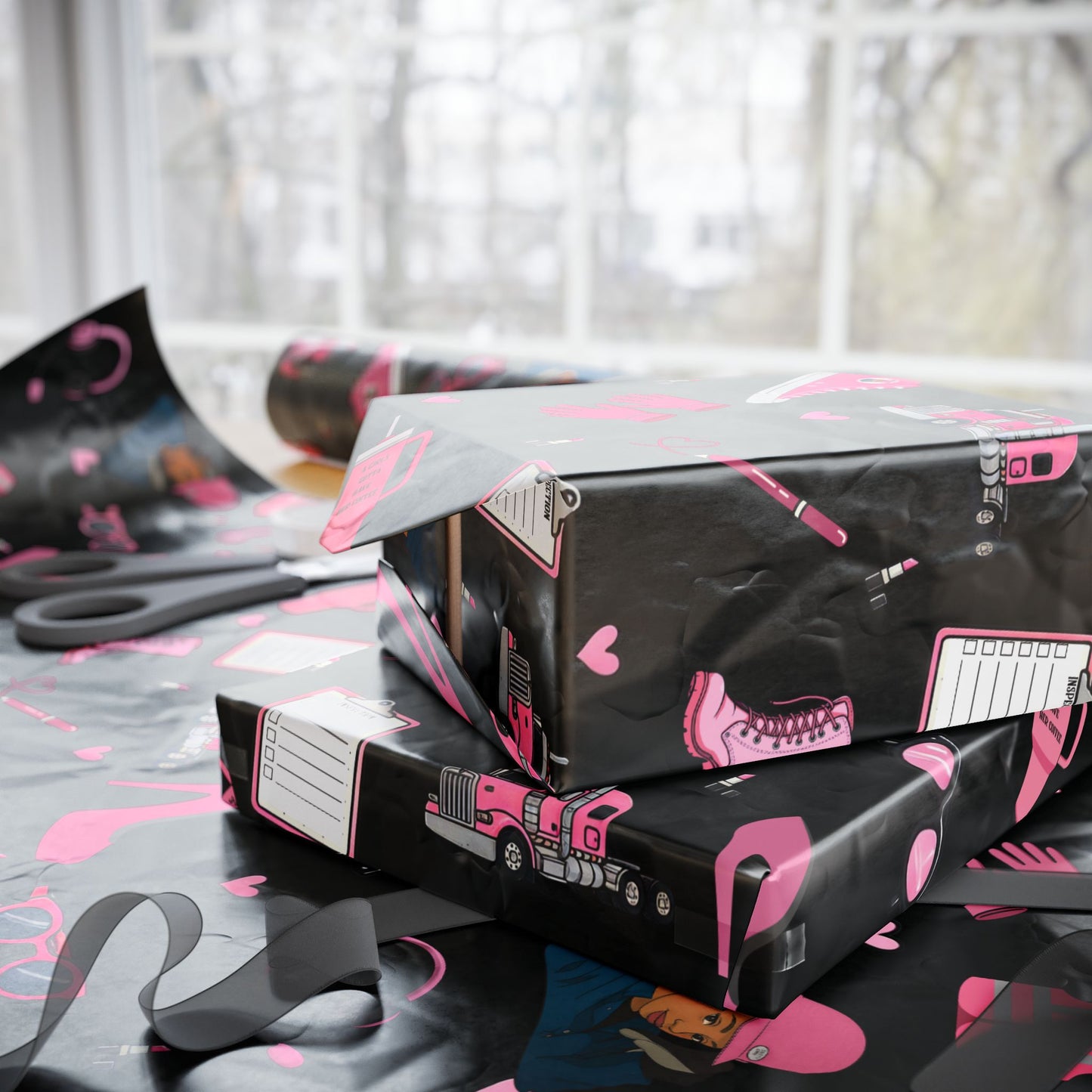 Black Trucker Charm Gift Wrapping Paper, Feminine Trucker Theme to celebrate the driver you know