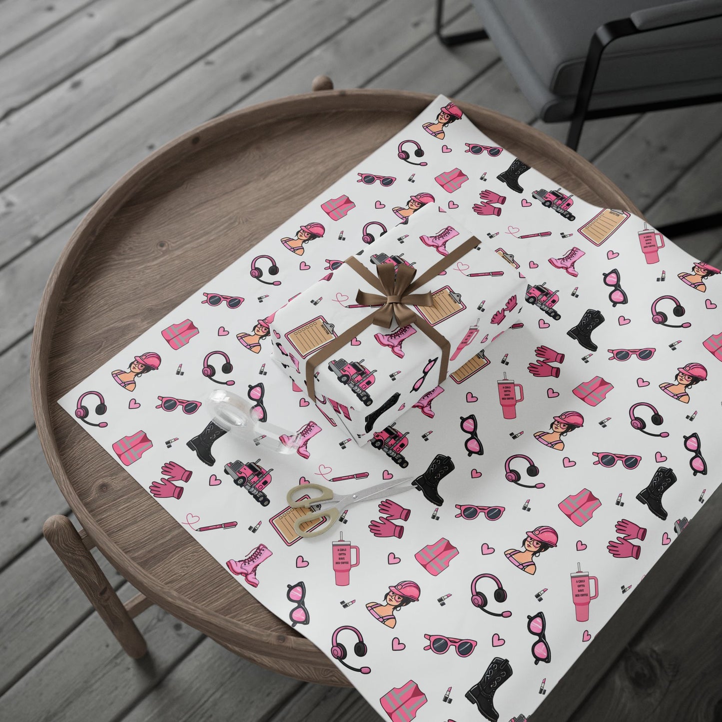 White Trucker Charm Gift Wrapping Paper , Feminine Trucker Theme to celebrate the driver you know