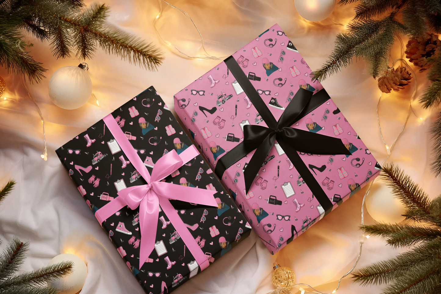 Pink Trucker Charm Gift Wrapping Paper Trucker Theme to celebrate the female trucker in your life