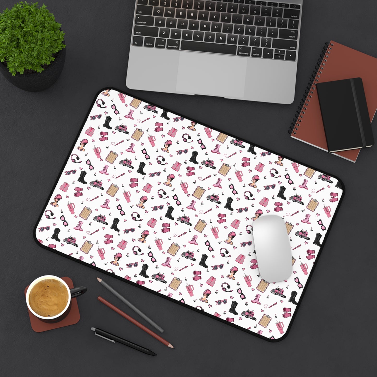 White Trucker Charm Mouse Pad, Feminine Trucker Theme  Trucker Girl Office Accessories, Mouse Pad for female Truck Driver