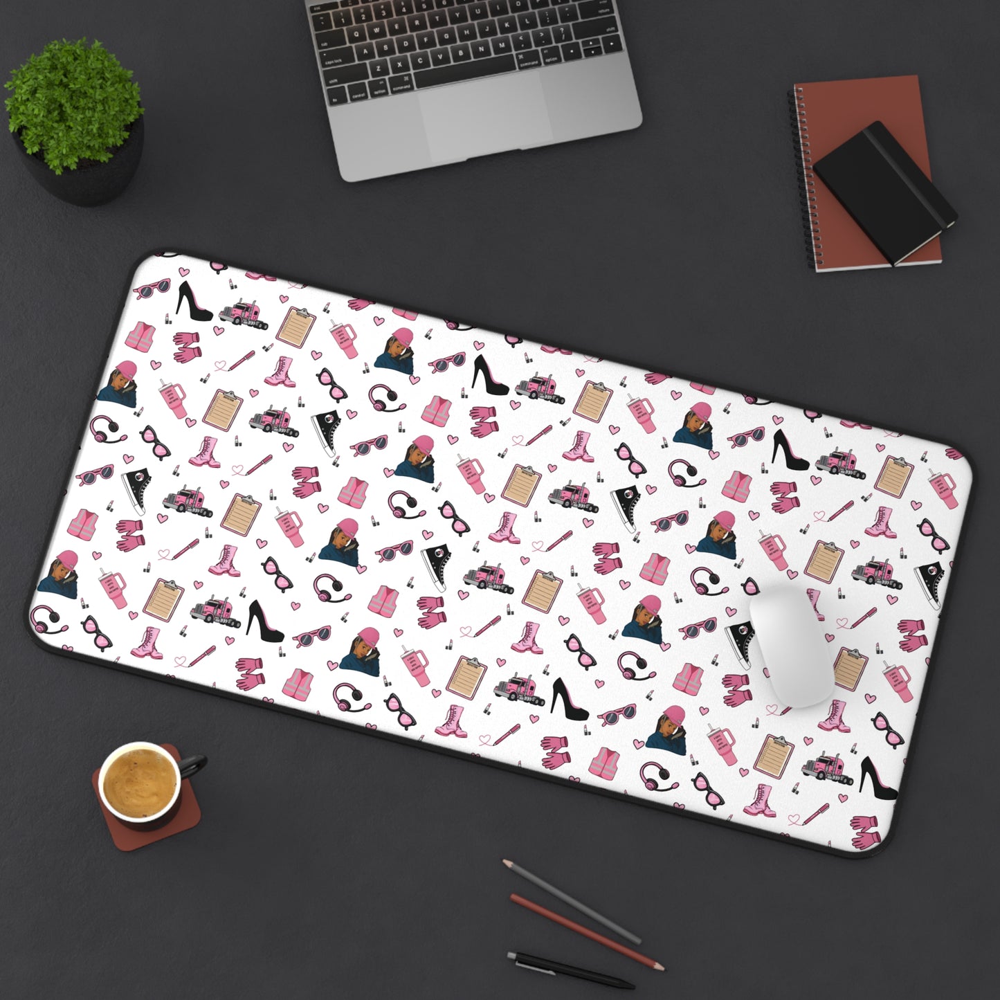 White Trucker Charm Mouse Pad,Feminine Trucker Theme  Trucker Girl Office Accessories, Mouse Pad for female Truck Driver